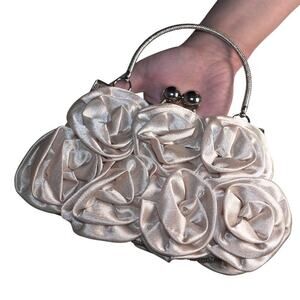 Satin Kiss Lock Clutch Purse NWT – 3D Rose Motif Champagne Evening Bag